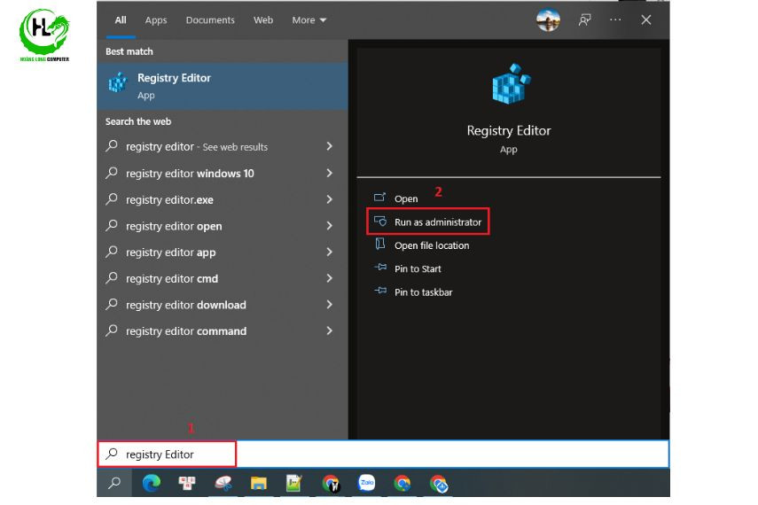 Tìm “registry editor” trên thanh công cụ rồi chọn “Run as administrator”