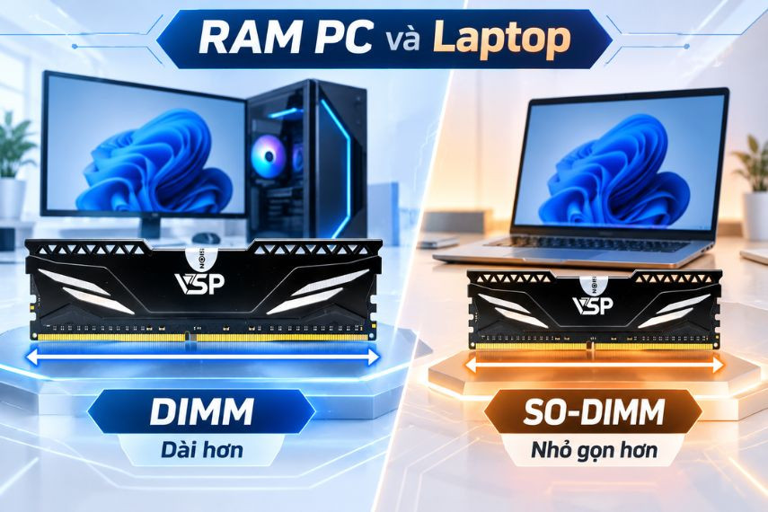 RAM PC sử dụng chuẩn DIMM, còn Laptop là chuẩn SO-DIMM