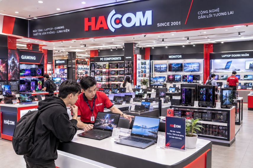 Không gian trưng bày laptop gaming và linh kiện máy tính tại HACOM