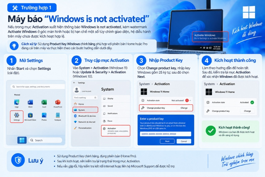 Hướng dẫn cách xử lý khi máy báo “Windows is not activated”