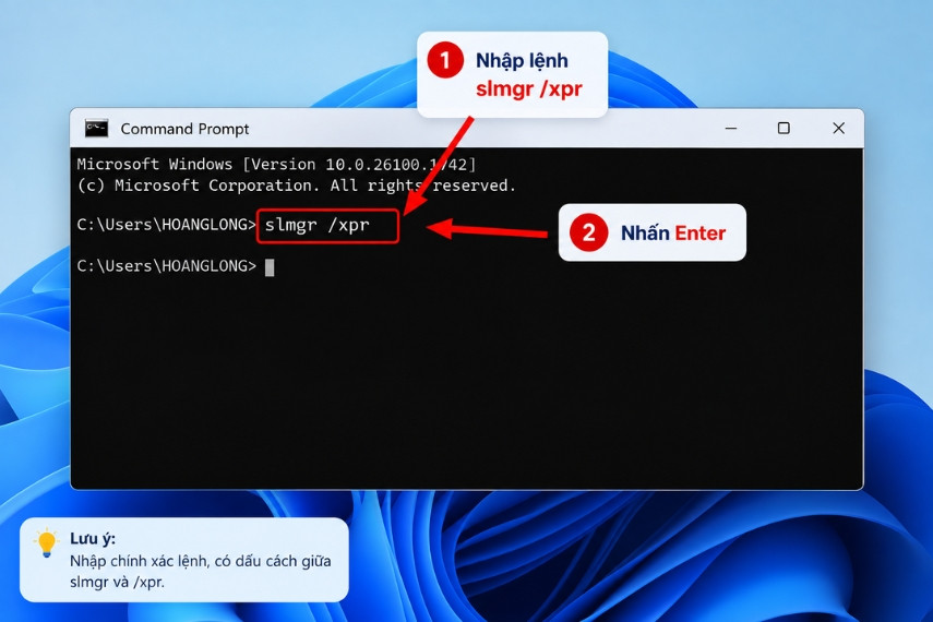 Nhập lệnh slmgr /xpr sau đó ấn nút Enter