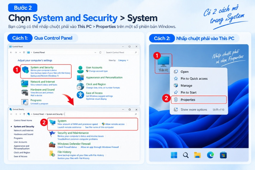 Mở trang System bằng Control Panel hoặc nhấp chuột phải vào This PC