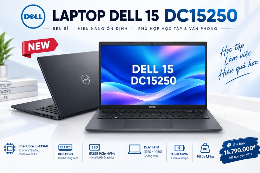 Dell 15 DC15250 được trang bị chip Intel Core i5-1334U giúp xử lý mượt mà các tác vụ văn phòng