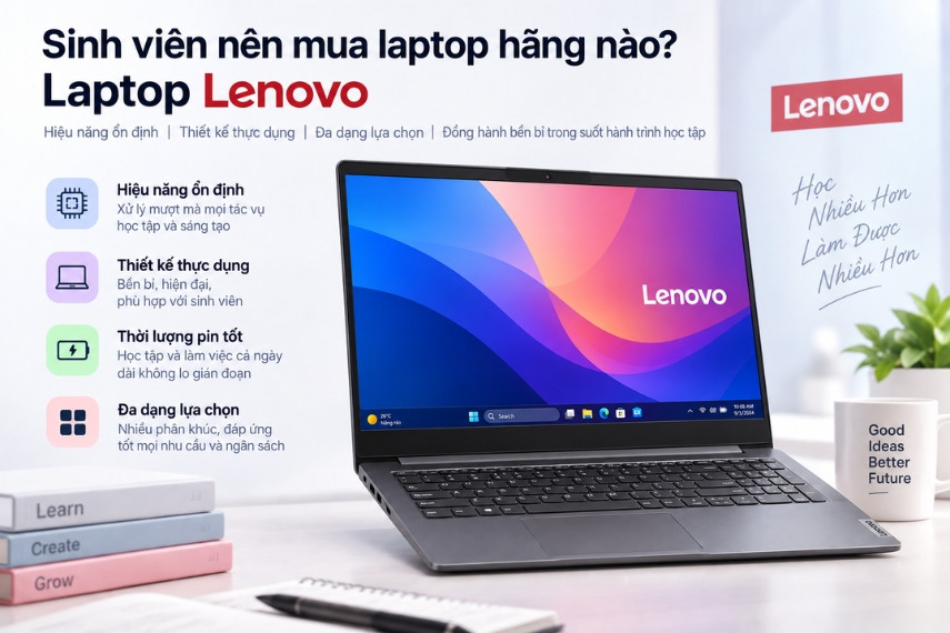 Laptop Lenovo thiết kế mỏng nhẹ hiện đại, sở hữu hiệu năng mạnh mẽ và thời lượng pin tốt