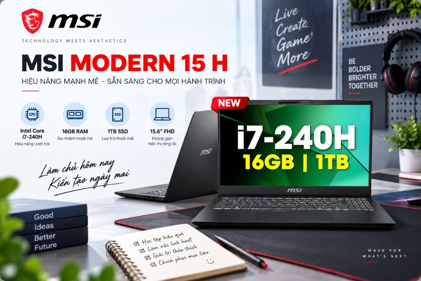 MSI Modern 15 H sở hữu thiết kế hiện đại với chip Intel Core 7 240H hiệu năng mạnh mẽ