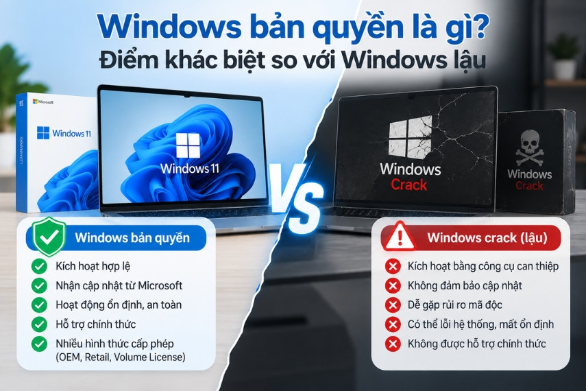 So sánh điểm khác biệt giữa Windows bản quyền và Windows crack