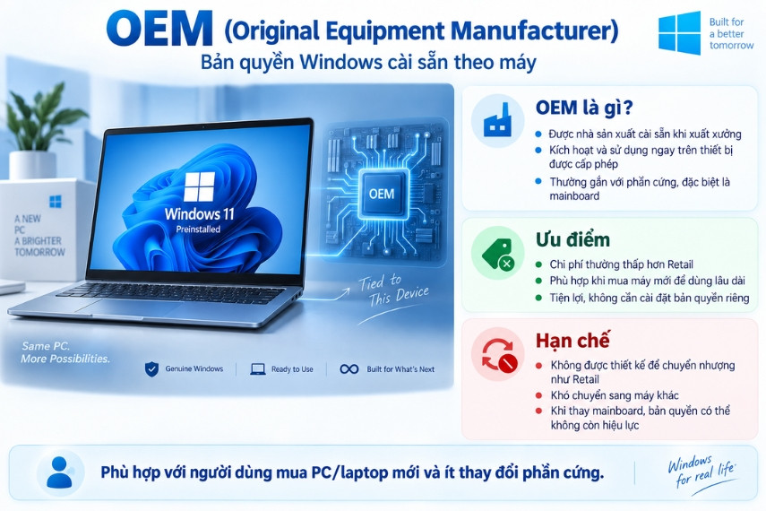 Bản quyền Windows OEM được cài sẵn theo thiết bị từ lúc xuất xưởng
