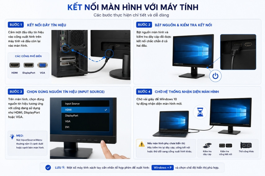 Các bước kết nối màn hình với máy tính win 10