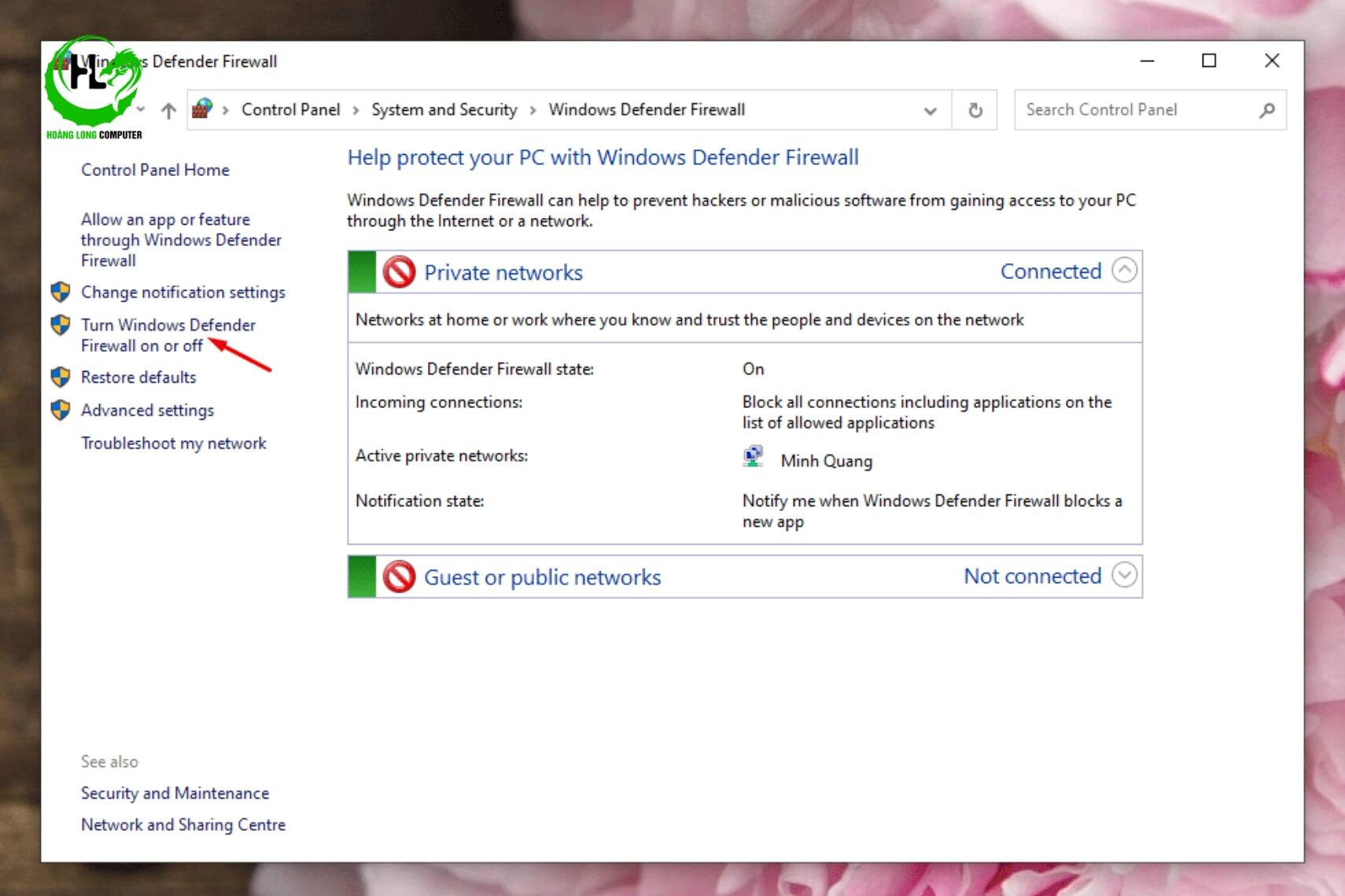 Turn off Windows Defender Firewall