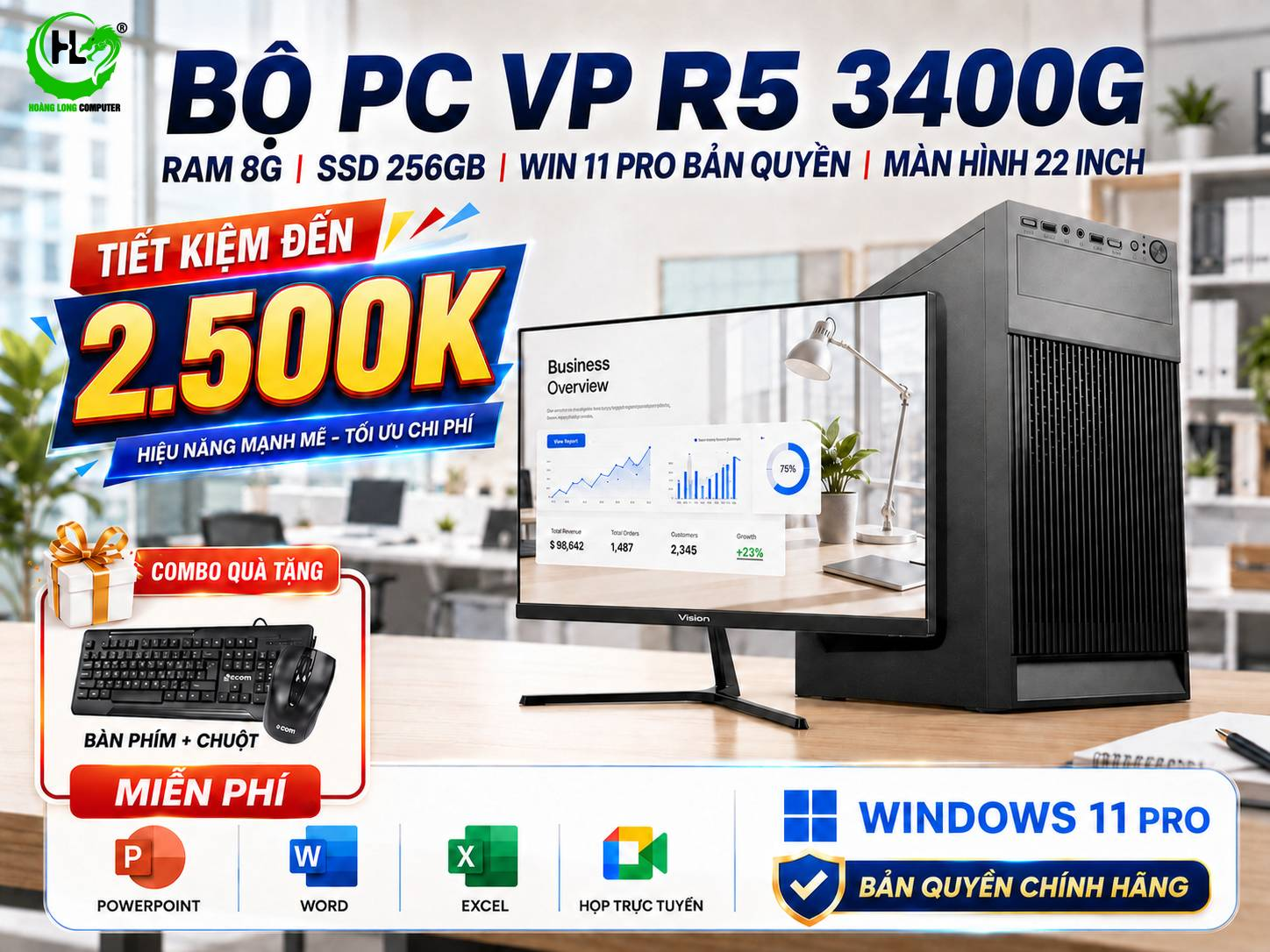 Bộ PC Văn Phòng R5 3400G Tích Hợp Windows 11 Pro Bản Quyền Và Màn 22 Inch