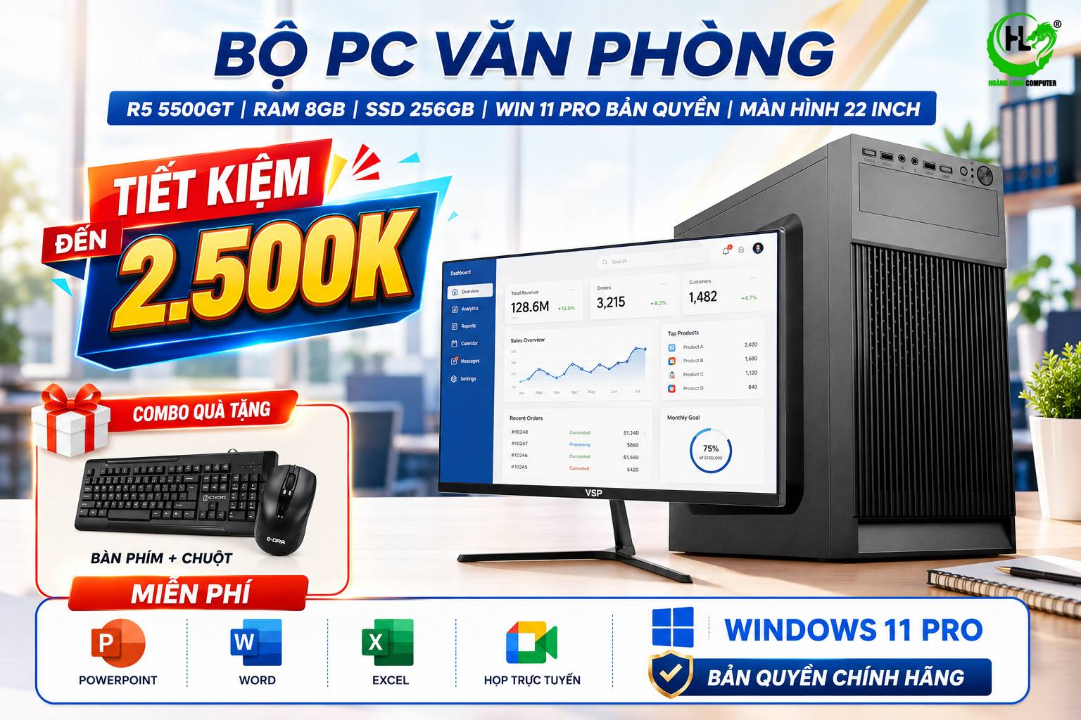 Bộ PC R5 5500GT Kèm Windows 11 Pro Và Màn Hình 22 Inch