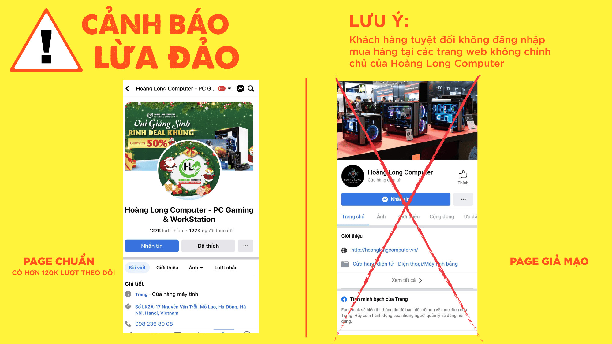 Cảnh báo giả mạo Fanpage Hoàng Long Computer và cách nhận dạng trang chính thống