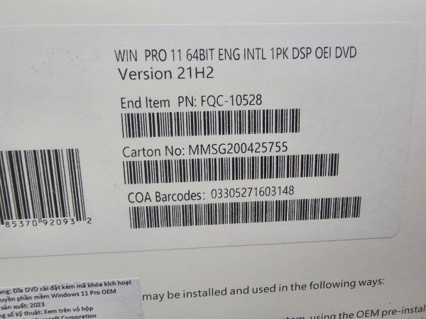 PHẦN MỀM WINDOWS PRO 11 64BIT ENG INTL 1 PK DSPM OEI DVD  