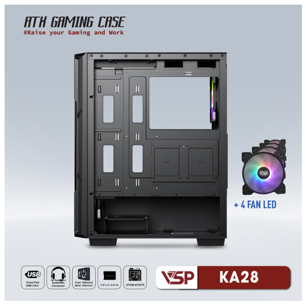 Vỏ máy tính VSP KA28 Đen (kèm 4 fan LED)