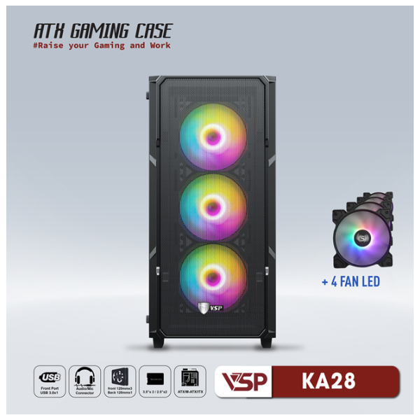 Vỏ máy tính VSP KA28 Đen (kèm 4 fan LED)