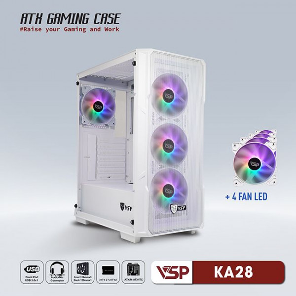 VỎ CASE VSP GAMING KA28- WHITE + 4FANS LED