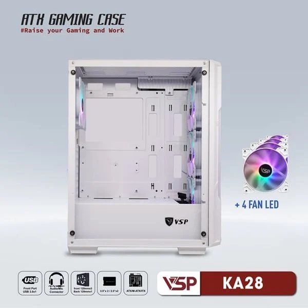 VỎ CASE VSP GAMING KA28- WHITE + 4FANS LED