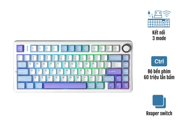 BÀN PHÍM CƠ AULA F75 (XANH DƯƠNG+TRẮNG+TÍM/ REAPER SWITCH/ 3 MODE)