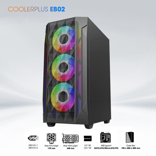 VỎ CASE COOLERPLUS EB02 BLACK (SIZE ATX/SẴN 3 FAN)