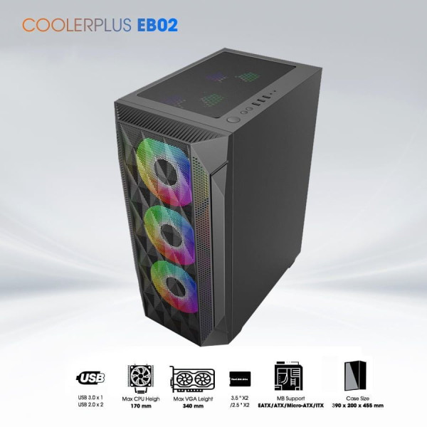 VỎ CASE COOLERPLUS EB02 BLACK (SIZE ATX/SẴN 3 FAN)