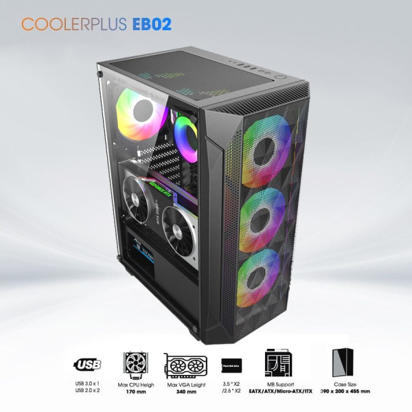 VỎ CASE COOLERPLUS EB02 BLACK (SIZE ATX/SẴN 3 FAN)