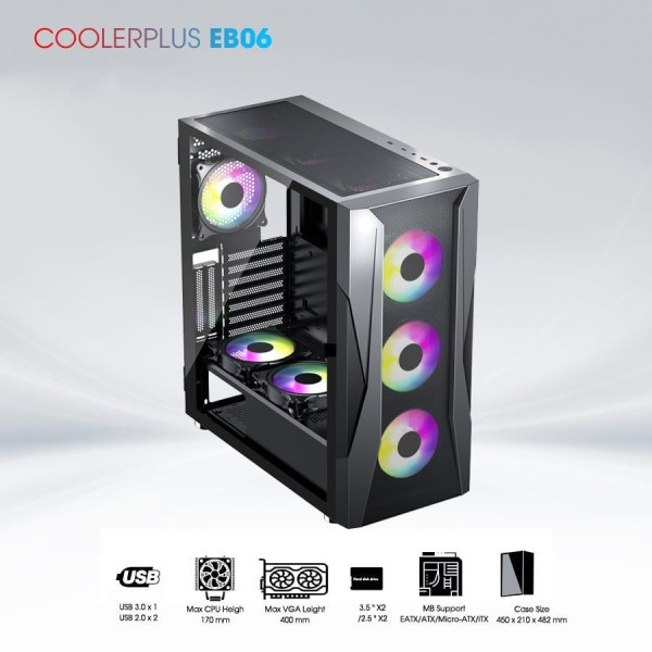 VỎ CASE COOLERPLUS GAMING EB06 SẴN 3FAN (EATX/ ATX/ MATX/ ITX)