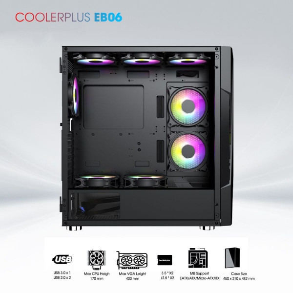 VỎ CASE COOLERPLUS GAMING EB06 SẴN 3FAN (EATX/ ATX/ MATX/ ITX)