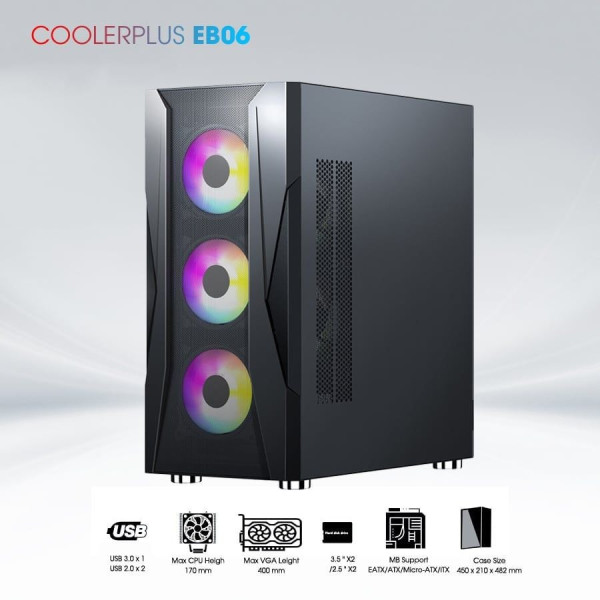VỎ CASE COOLERPLUS GAMING EB06 SẴN 3FAN (EATX/ ATX/ MATX/ ITX)