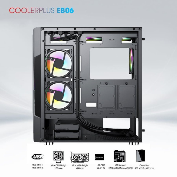 VỎ CASE COOLERPLUS GAMING EB06 SẴN 3FAN (EATX/ ATX/ MATX/ ITX)