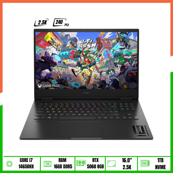 Laptop Gaming HP Omen 16-AM0000TX (2025) (Core i7-14650HX | 16GB | 1TB SSD | RTX 5060 8GB | 16.0' 2.5K 240Hz 500 nits | Win11 | Black)