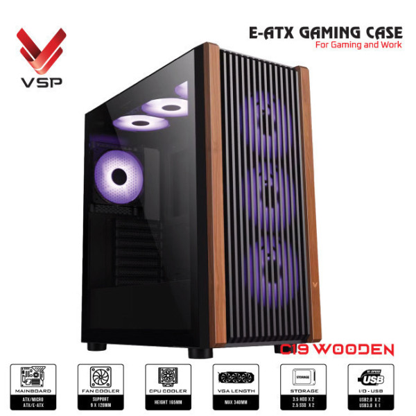 VỎ CASE VSP GAMING C19 WOODEN BLACK (SIZE E-ATX/SẴN 3 FAN)