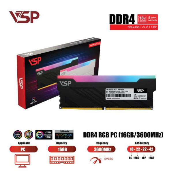 RAM VSP 16GB (1*16GB) BUS 3600MHZ DDR4 LED RGB BLACK