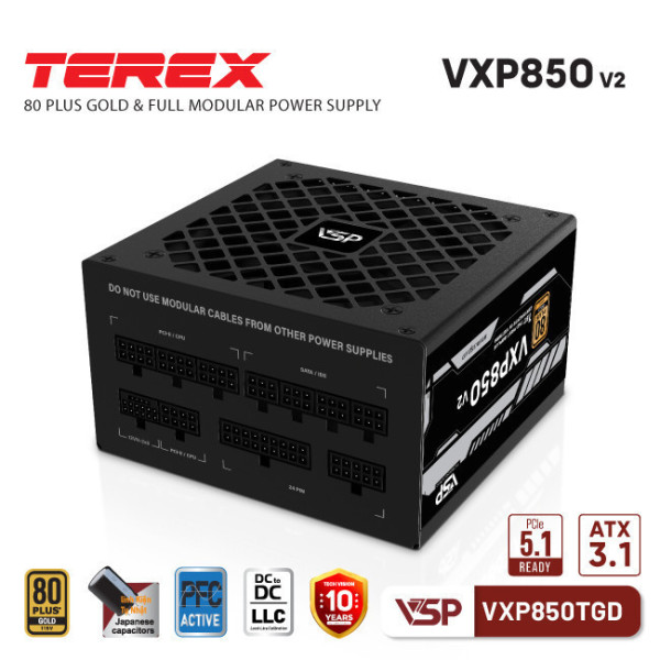 NGUỒN VSP TEREX VXP850TGD 850W V2 (80 PLUS GOLD/FULL MODULAR/ ATX3.1/ PCIE5.1/ Dải điện áp 100-240V)