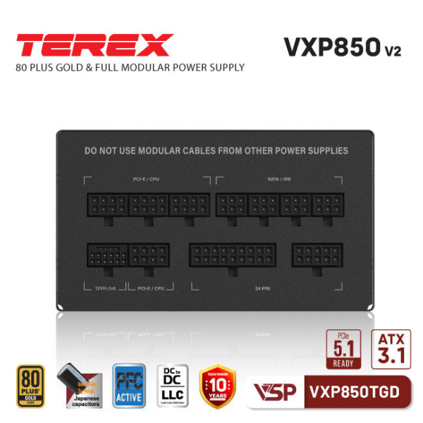 NGUỒN VSP TEREX VXP850TGD 850W V2 (80 PLUS GOLD/FULL MODULAR/ ATX3.1/ PCIE5.1/ Dải điện áp 100-240V)