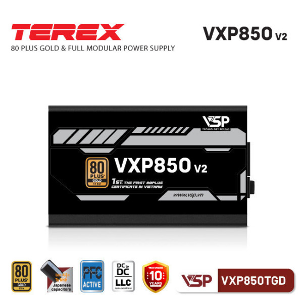 NGUỒN VSP TEREX VXP850TGD 850W V2 (80 PLUS GOLD/FULL MODULAR/ ATX3.1/ PCIE5.1/ Dải điện áp 100-240V)