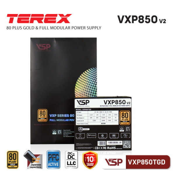 NGUỒN VSP TEREX VXP850TGD 850W V2 (80 PLUS GOLD/FULL MODULAR/ ATX3.1/ PCIE5.1/ Dải điện áp 100-240V)