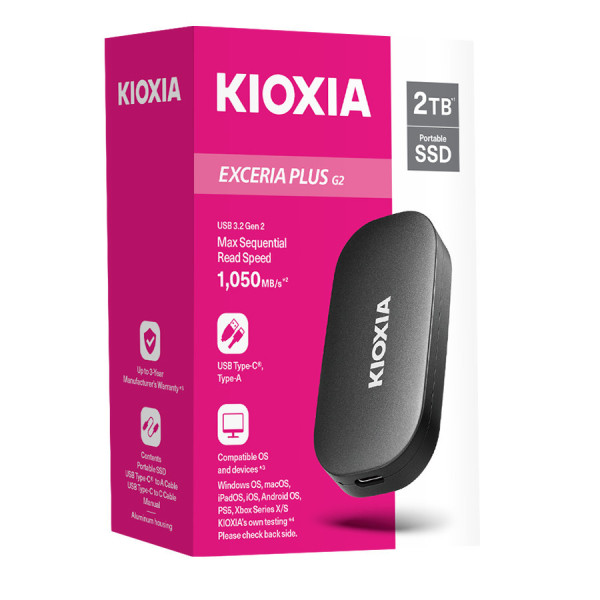 Ổ CỨNG DI ĐỘNG SSD KIOXIA EXCERIA PLUS G2 PORTABLE 2TB (ĐỌC 1050MB/S GHI 1000MB/S) USB 3.2 GEN2 TYPEC (LXD20K002TG8)