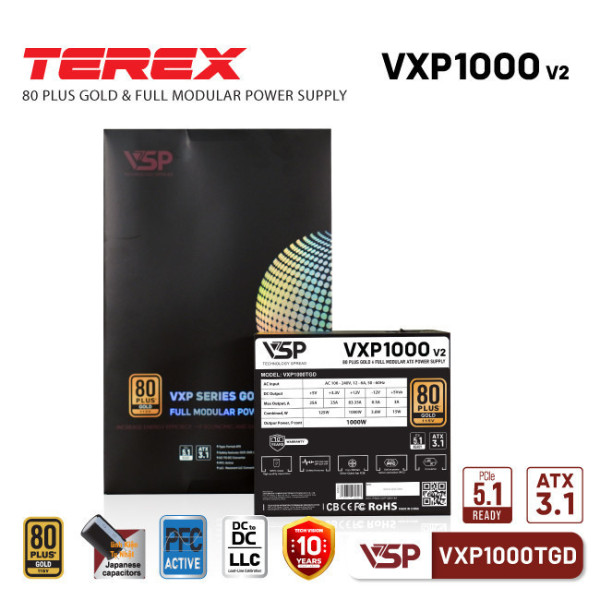 NGUỒN VSP TEREX 1000W VXP1000TGD V2 (80 PLUS GOLD / FULL MODULAR / ATX3.1 PCIE5.1)