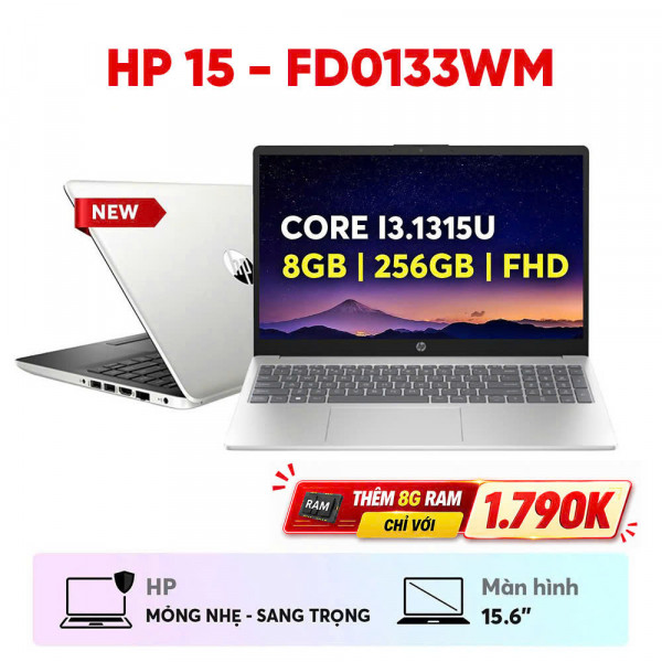 LAPTOP HP 15 - FD0133WM ( INTEL CORE I3.1315U / RAM 8GB / SSD 256GB / 15.6INCH FHD / WIN 11 / SILVER _B4KT4UA )
