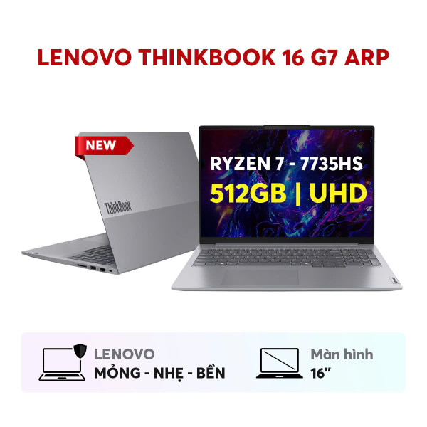 LAPTOP LENOVO THINKBOOK 16 G7 ARP (21MW009QSA) AMD RYZEN 7 7735HS, 16GB, 512GB, AMD RADEON 680M, 16' WUXGA, DOS, ARCTIC GREY, NK