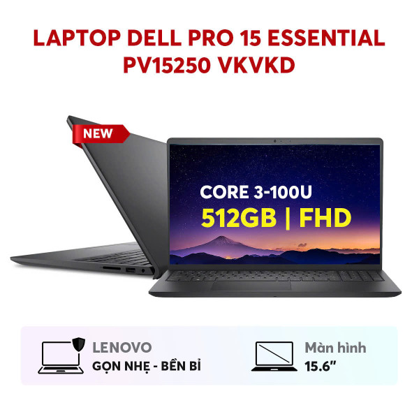 Laptop Dell Pro 15 Essential PV15250 VKVKD (Core 3-100U | 8GB | 512GB SSD | 15.6' FHD | Intel Graphics | Ubuntu | Black)