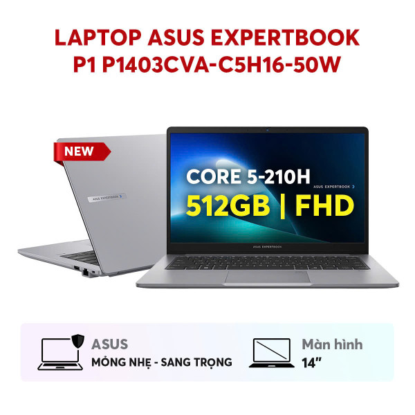 LAPTOP ASUS EXPERTBOOK P1 P1403CVA-C5H16-50W (CORE 5 210H | 16GB | 512GB | INTEL® GRAPHICS | 14 INCH FHD | WIN11 | XÁM) 