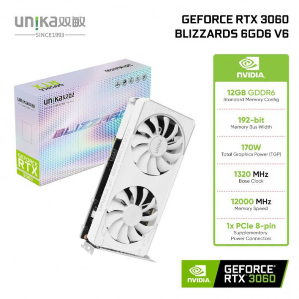 VGA UNIKA GEFORCE RTX 3060 BLIZZARDS 12GD6 V6 DDR6 WHITE hoặc VGA SIMORCHIP GEFORCE RTX 3060 12GB DDR6
