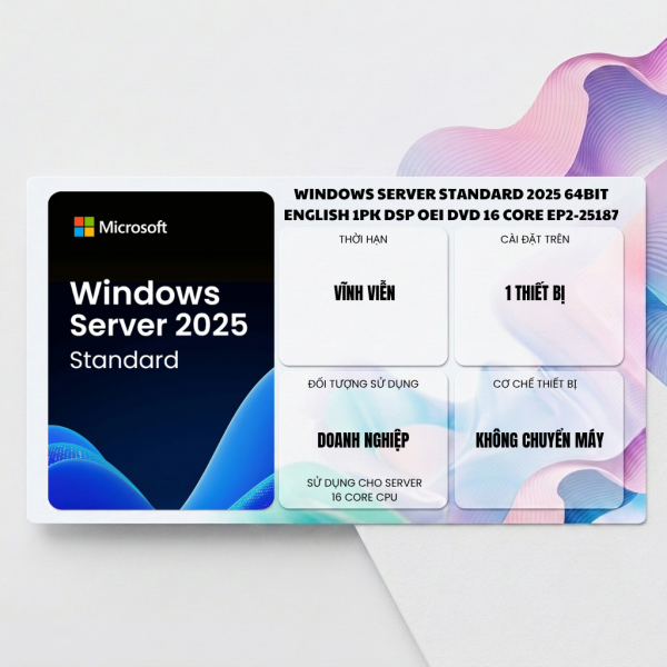PHẦN MỀM WINDOWS SERVER STANDARD 2025 64BIT ENGLISH 1PK DSP OEI DVD 16 CORE EP2-25187