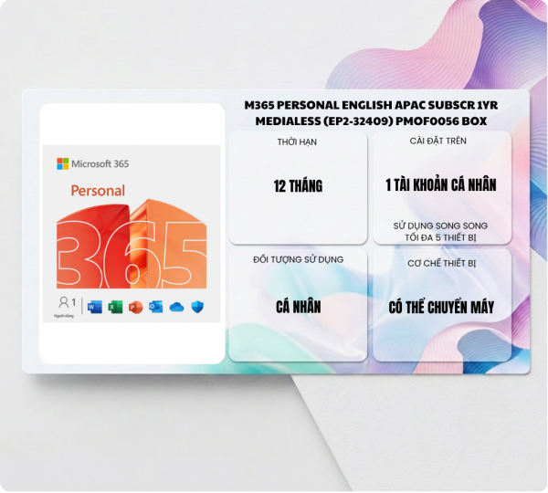 PHẦN MỀM M365 PERSONAL ENGLISH APAC SUBSCR 1YR MEDIALESS (EP2-32409) PMOF0056 BOX