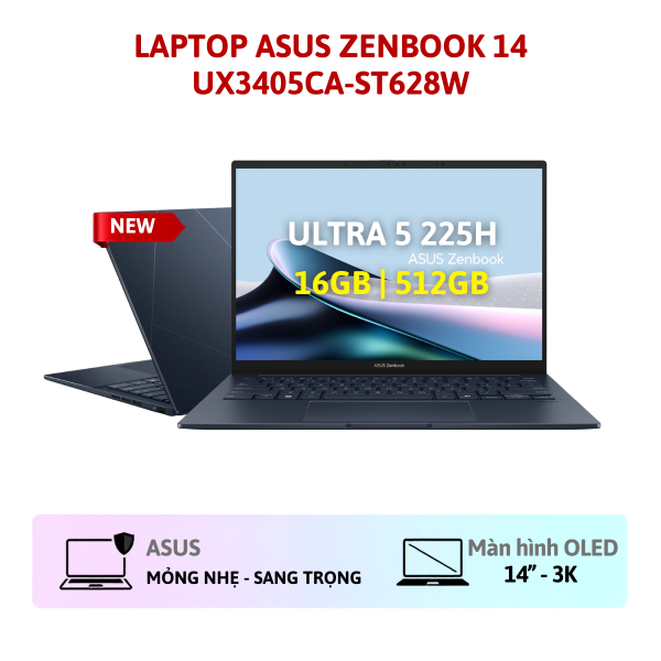 Laptop ASUS Zenbook 14 UX3405CA-ST628W (Intel Core Ultra 5 225H | 16GB | 512GB SSD | Intel Arc Graphics | 14.0' 3K OLED | Windows 11 | Xanh)