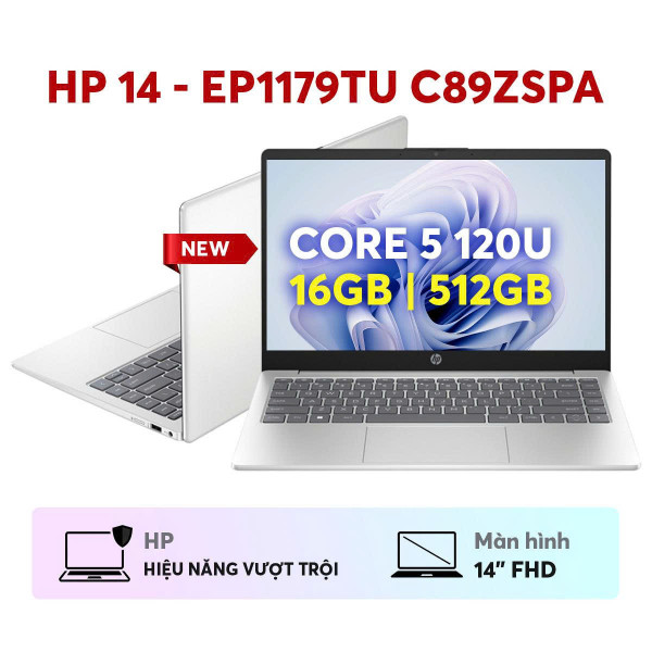 Laptop HP 14 - ep1179TU C89ZSPA (Intel Core 5 120U | 16GB | 512GB | Intel Graphics | 14 inch FHD | Win 11 | Bạc)