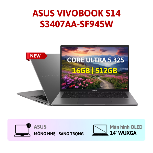Laptop ASUS Vivobook S14 S3407AA-SF945W (Intel Core Ultra 5 325 | 16GB | 512GB | Intel Arc | 14 WUXGA OLED | Win 11 | Xám)