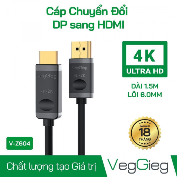 DÂY DP TO HDMI 1,5M 4K VEGGIEG VZ604