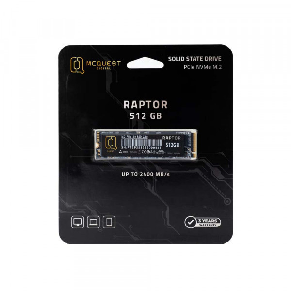 SSD NVME MCQUEST RAPTOR 512GB (ĐỌC 2400MB/S GHI 1700MB/S) PCIE GEN3 X4 (RA0512N)